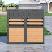 Mülltonnenbox mit hydraulischem Klappdeckel, abschließbaren Doppeltüren und zwei Fächern, 132x80x120 cm, Grau+Naturfarbe(m-2)