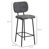 HOMCOM Set de 2 taburete de bar, scaune înalte pentru bucătărie cu suport pentru picioare și spătar din material tip in și oțel(m-3)