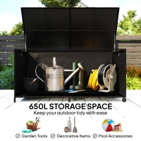 Outsunny 650L Garden Storage Box with 2 Wheels, Rattan Deck Box with Waterproof Zipped Liner, Safe Pneumatic Rods, Black(m-4)