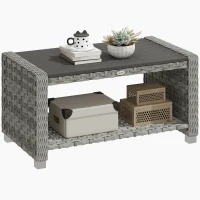 Outsunny Outdoor Coffee Table with Storage Shelf, PE Rattan Side Table with Slatted Top and Foot Pads, Grey(m-10)