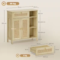 HOMCOM Bufet, mobilier de depozitare, 2 uși din ratan, sertar, nișe deschise, polițe reglabile, 75x30x79,5cm, lemn natural(m-3)