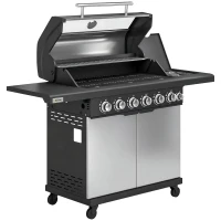 Outsunny 6+1 Burner Gas BBQ Grill, Outdoor Barbecue Trolley with Wheels, Warming Rack, Thermometer, Bottle Opener, Silver Tone(m-1)