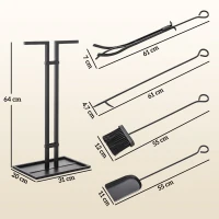 Outsunny Set servitor pentru șemineu 5 piese, unelte pentru șemineu, din metal, mătură, lopată, clește, tisonier și suport, negru(m-3)