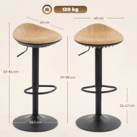 HOMCOM Pack de 2 taburetes de bar, taburetes de bar regulables en altura con reposapiés, giratorios 360°, base de acero, roble(m-3)