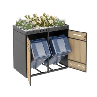 Doppel-Mülltonnenbox, 2‑fach Abfalltrennsystem, 132x80x124 cm, Grau+Naturfarbe(m-7)