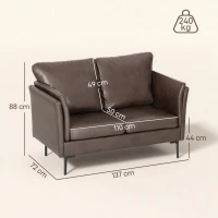 HOMCOM Canapea 2 Locuri în Piele Respirabilă cu Umplutură Groasă și Picioare în Metal, 137x72x88 cm, Maro Închis(m-3)