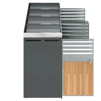 Mülltonnenbox mit integrierter Pflanzfläche, abschließbarer 4‑Fach‑Mülltonnenschrank, 264x80x124,5 cm, Grau+Naturfarbe(m-7)