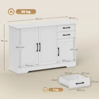 HOMCOM Bufet, mobilier de depozitare cu 3 uși, 2 sertare și raft reglabil, 120 x 38 x 79 cm, alb(m-3)