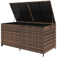 Outsunny 650L Garden Storage Box with 2 Wheels, Rattan Deck Box with Waterproof Zipped Liner, Safe Pneumatic Rods, Mixed Brown(m-11)