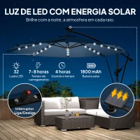 Outsunny Chapéu de Sol Excêntrico com Luzes LED Solares Ø345 cm Base Cruzada Manivela Capa Protetora Azul(m-4)