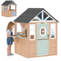 AIYAPLAY Casetta bambini legno con cucina e porticina animali, Legno naturale(m-7)