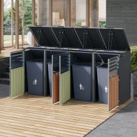Mülltonnenbox mit hydraulischem Klappdeckel, 4-türiges Aufbewahrungsmodul, Lüftungslamellen, 264x80x118,5 cm, Grau+Naturfarbe(m-4)
