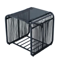 5-teiliges Outdoor Gartenmöbel-Set, Balkon-Loungeset mit 2 Stühlen, 2 Hockern und Glastisch, Schwarz+Grau(m-8)