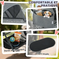 PawHut Poussette pour Chien Pousse-Chien 3 en 1 Détachable Pliable Nacelle Amovible et Sans Fermeture Éclair Suspension Gris(m-8)