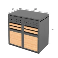 Mülltonnenbox mit hydraulischem Klappdeckel, abschließbaren Doppeltüren und zwei Fächern, 132x80x120 cm, Grau+Naturfarbe(m-3)