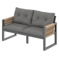 Set de sofá moderno para exterior, mesa desmontable, reposabrazos trenzados y cojines de asiento gruesos, Gris+Color natural(m-10)