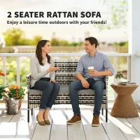 Outsunny 2-osobowa sofa rattanowa na taras z poduszką, antypoślizgowe maty, stalowa rama, jasnoszara(m-4)