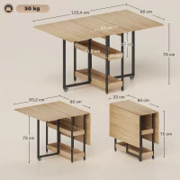 HOMCOM Masă de sufragerie pliabilă pe roți 4 persoane cu compartimente deschise, pentru spații mici, sufragerie, stejar(m-3)