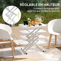 Outsunny Table d'appoint de jardin pliable en HDPE, table pliante extérieur hauteur réglable sur 5 niveaux, 65 x 45 x 70 cm blanc(m-5)