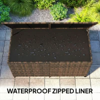 Outsunny 650L Garden Storage Box with 2 Wheels, Rattan Deck Box with Waterproof Zipped Liner, Safe Pneumatic Rods, Mixed Brown(m-5)