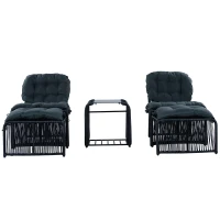 5-teiliges Outdoor Gartenmöbel-Set, Balkon-Loungeset mit 2 Stühlen, 2 Hockern und Glastisch, Schwarz+Grau(m-6)