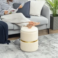 HOMCOM Pouf taburet suport pentru picioare cutie de depozitare din catifea canaletată 36 x 36 x 44 cm pentru living dormitor bej(m-6)