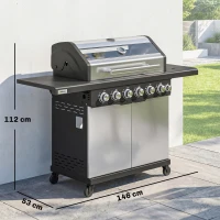 Outsunny 6+1 Burner Gas BBQ Grill, Outdoor Barbecue Trolley with Wheels, Warming Rack, Thermometer, Bottle Opener, Silver Tone(m-3)