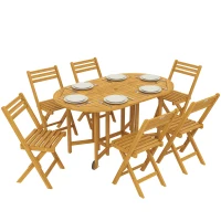 Outsunny FSC Wood Garden Furniture Set 7-Piece Extendable Table with 6 Folding Chairs Umbrella Hole Slatted Design(m-6)