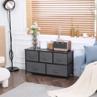 HOMCOM Commode meuble de rangement 100 x 30 x 54 cm 5 tiroirs non-tissés gris foncé structure acier noir aspect bois(m-10)