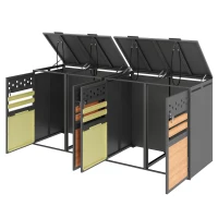 Mülltonnenbox mit hydraulischem Klappdeckel, vier abschließbare Fächer, rautenförmige Belüftung, 264x80x120 cm, Grau+Naturfarbe(m-7)