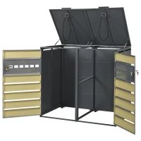 Mülltonnenbox mit hydraulischem Klappdeckel, mit 2 separaten Fächern und abschließbaren Türen, 132x80x118,5 cm, Grau+Naturfarbe(m-7)