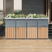 Mülltonnenbox mit integrierter Pflanzfläche, abschließbarer 4‑Fach‑Mülltonnenschrank, 264x80x124,5 cm, Grau+Naturfarbe(m-2)