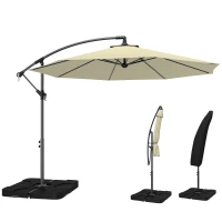 Outsunny 3m Overhanging Parasol, with Base, Weights and Cover - Sand brown(m-10)