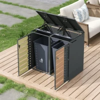 Mülltonnenbox mit hydraulischem Klappdeckel, zwei separaten Fächern und abschließbaren Türen, 132x80x118,5 cm, Grau+Naturfarbe(m-4)