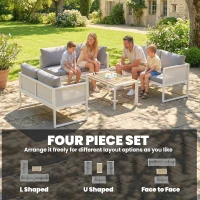 Outsunny 6 Seater Metal Garden Furniture Corner Sofa Set with 3 Loveseats, Faux Wood Table, Texteline Seat, Cushions, White(m-4)