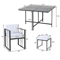 7-teiliges Garten-Essset für 6 Personen, Tisch aus gehärtetem Glas, 4 geflochtene Sessel und 2 Fußhocker, Schwarz+Weiß(m-3)
