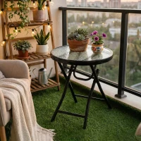 Outsunny Foldable Garden Table, Round Folding Table with Glass Tabletop and Safety Buckle for Patio, Garden, Outdoor, Indoor, Black(m-9)