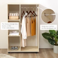 HOMCOM Open Wardrobe on Wheels, Bedroom Wardrobe with Clothes Hanging Rail, 3 Storage Shelves, Mobile Garment Rack for Cloakroom, Hallway, Maple Wood-Effect(m-7)