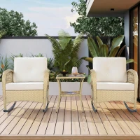 Juego de balcón de ratán (3 piezas), 2 cómodas sillas mecedoras con respaldo alto, 80x76x86 cm, Beige(m-2)