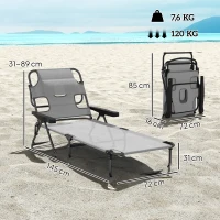 Outsunny Espreguiçadeira Dobrável Encosto Ajustável Orifício de Leitura Almofada de Apoio e Braços Carga 120 kg 145x72x89 cm Cinzento Escuro(m-3)