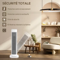 HOMCOM Chauffage d'appoint céramique PTC, radiateur électrique 2000 W avec thermostat réglable, minuterie, 21x19,7x61cm, blanc(m-7)