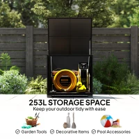 Outsunny 253L Garden Storage Box, Rattan Deck Box with Zipped Liner, Safe Pneumatic Rod, Patio Storage Container, Black(m-4)