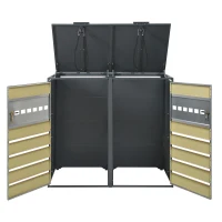Mülltonnenbox mit hydraulischem Klappdeckel, mit 2 separaten Fächern und abschließbaren Türen, 132x80x118,5 cm, Grau+Naturfarbe(m-6)