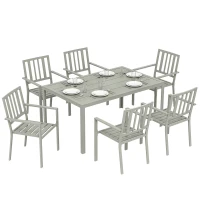 Outsunny Garden Table and Chairs for 6, 7 Pieces Garden Furniture Set with Table, 6 Stackable Chairs and Umbrella Hole Light Grey(m-10)