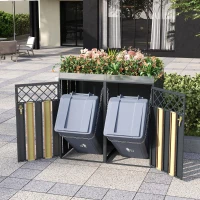 Mülltonnenschrank mit Blumentrog, 2-tlg. abschließbare Mülltonnenbox, 132x80x124,5 cm, Grau+Naturfarbe(m-4)