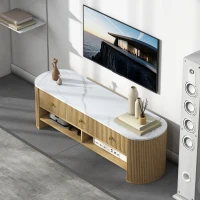HOMCOM Comodă TV 140 cm, mobilier pentru televizor 165 cm cu aspect de marmură 3 sertare fețe canelate aspect lemn natural(m-4)