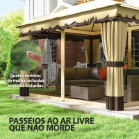 Outsunny Pérgola de Jardim 3,7x3 m com Teto Duplo 4 Cortinas e Mosquiteira Estrutura em Aço Orifícios de Drenagem UV30+ Bege(m-5)