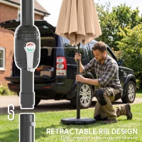 Outsunny 2.7 m Garden Parasol Umbrella with Cross Base and Sandbag, Retractable Ribs, Outdoor Table Market Umbrella, Khaki(m-5)