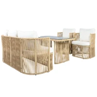 5-teiliges PE‑Rattan-Gartenmöbel-Set, 3‑Sitzer-Sofa, 2 Sesseln und Glastisch, Beige+Schwarz+Weiß(m-6)