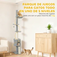 PawHut Árbol para Gatos de Piso a Techo Altura Ajustable 220-240cm con Hamaca Plataformas en Flor Cuevas Rampa Bola Gris Claro(m-6)